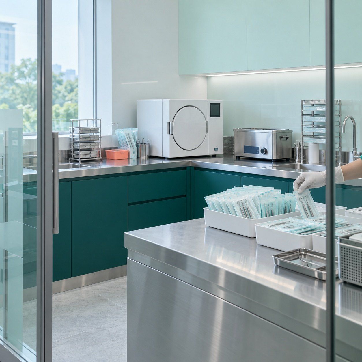 Clean sterilisation room with steel counters, an autoclave and sealed instrument pouches in neat trays